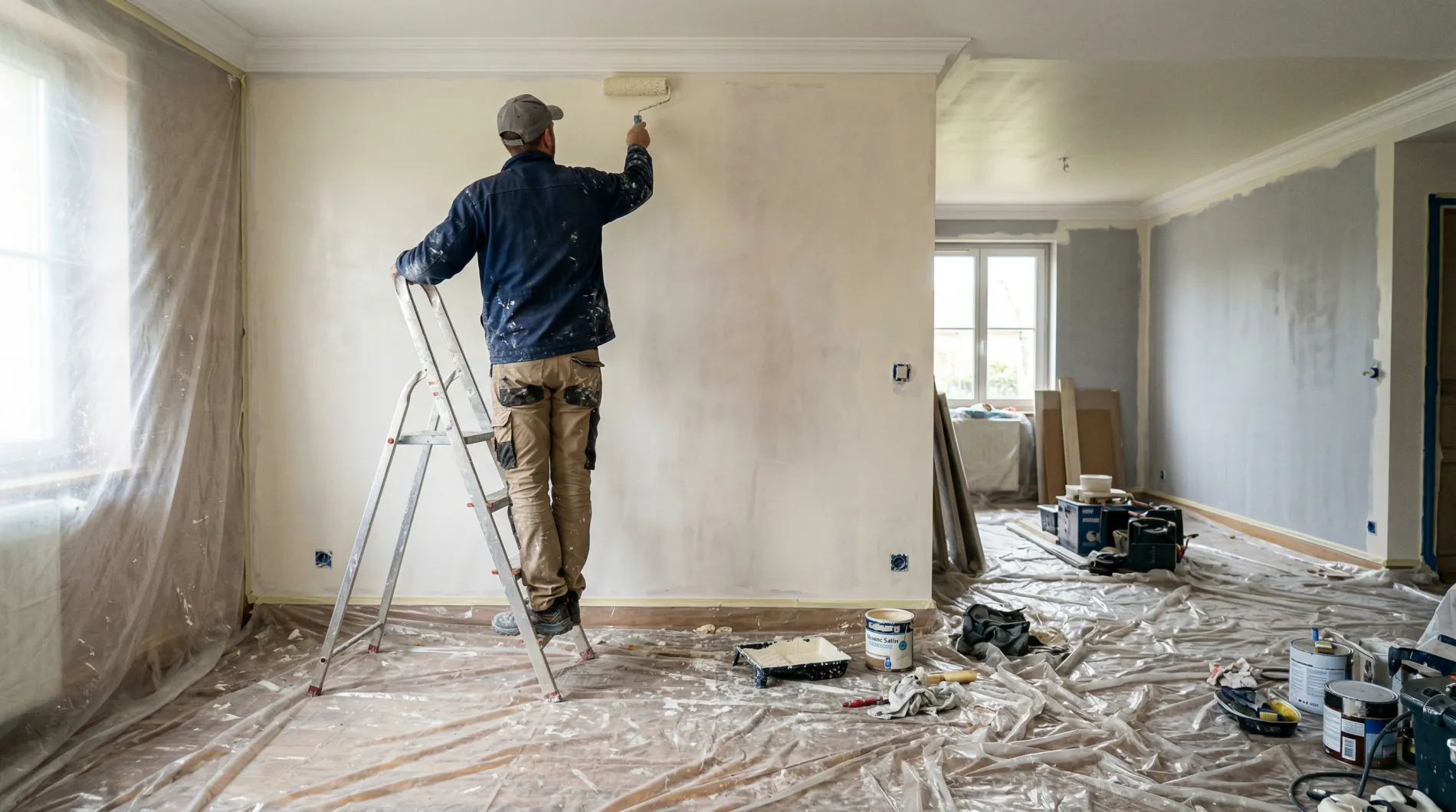 Artisan peintre en plein travail sur un mur intérieur à Bordeaux