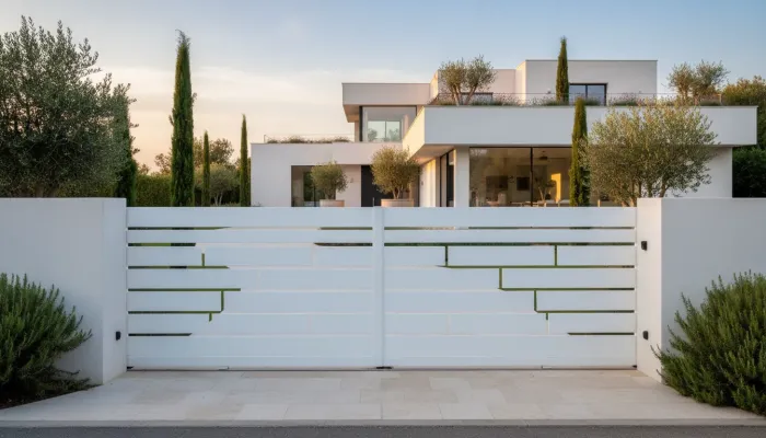 Un portail en fer peint en blanc devant une villa du sud de la france